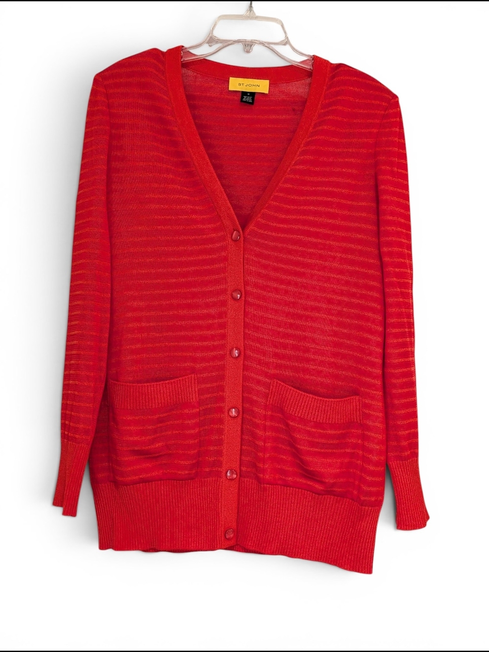 St. John Red Button-Front V-Neck Cardigan Sweater Size M